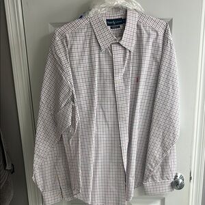 Ralph Lauren Men's White Pink and Green Checkered Shirt